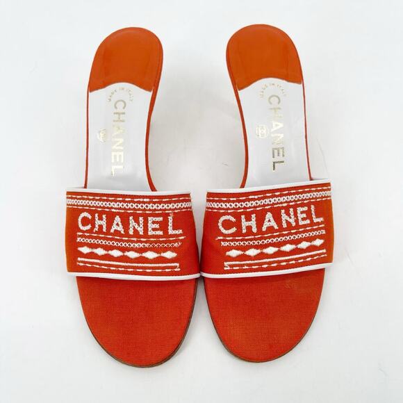 Chanel Vintage Orange Canvas Embroidered Kitten Heel Mule Slide Sandal EU 39 - Picture 5 of 13